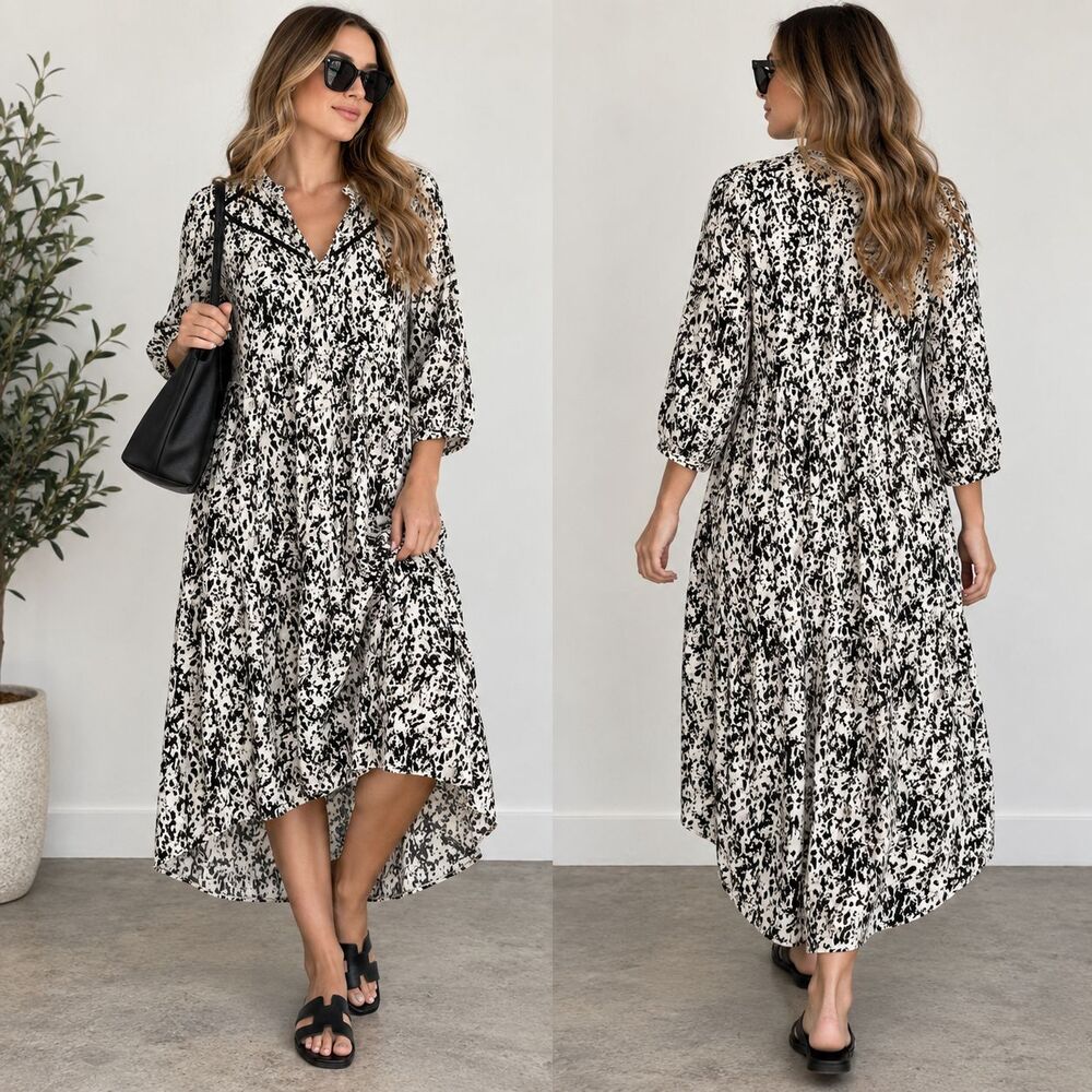 Zara Abstract Animal Print Lace Trim Midi Maxi Dress M Boho Hi Low V Neck Travel